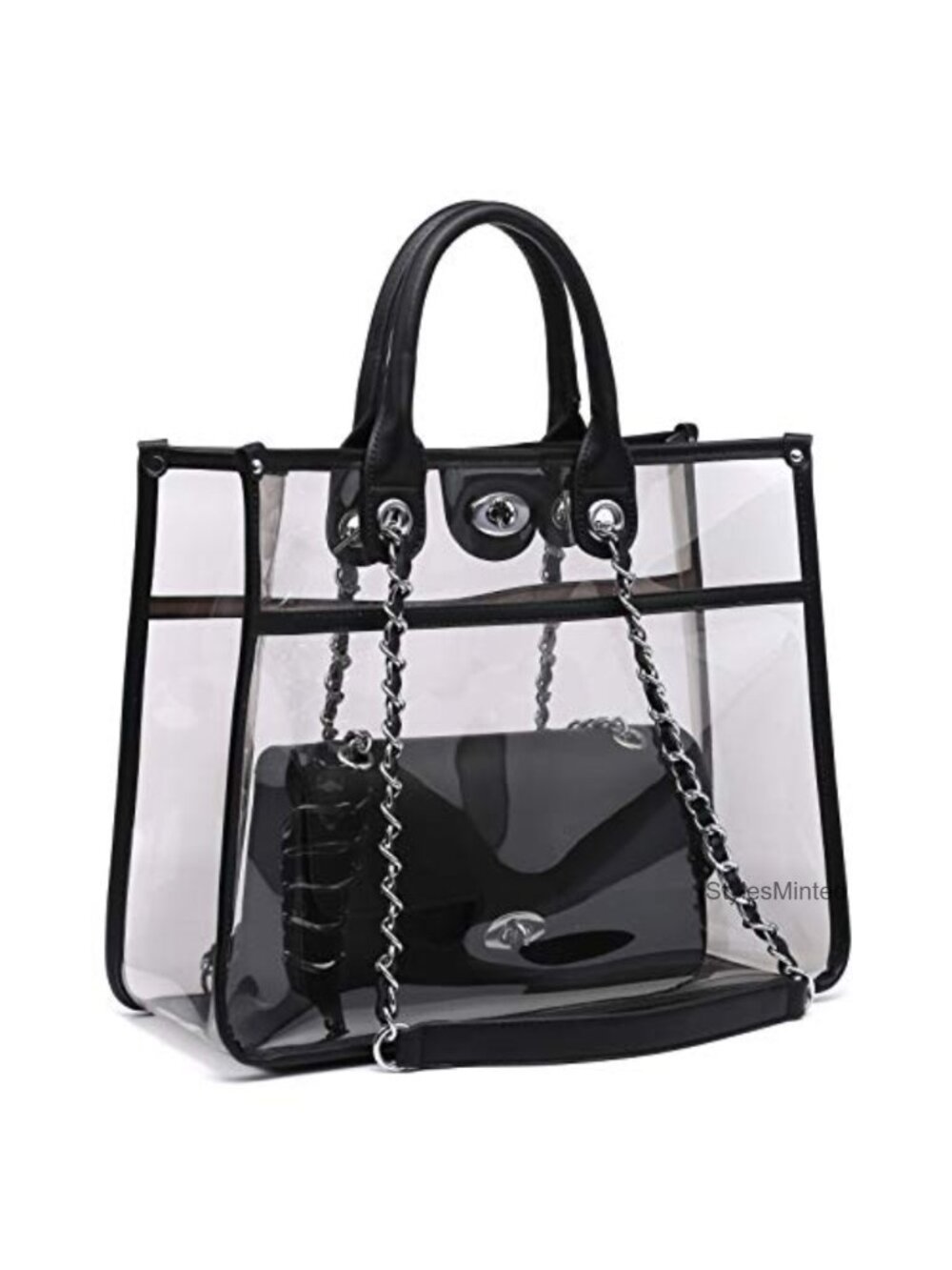 Clear PVC Stadium Tote 2-in-1 Top Handle Handbag with Faux Leather Crossbody